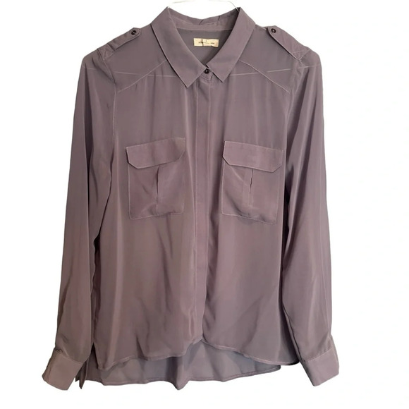 Silence + Noise Lilac High Low Sheer Utility Split Hem Button Up Blouse Sz L - Picture 1 of 16